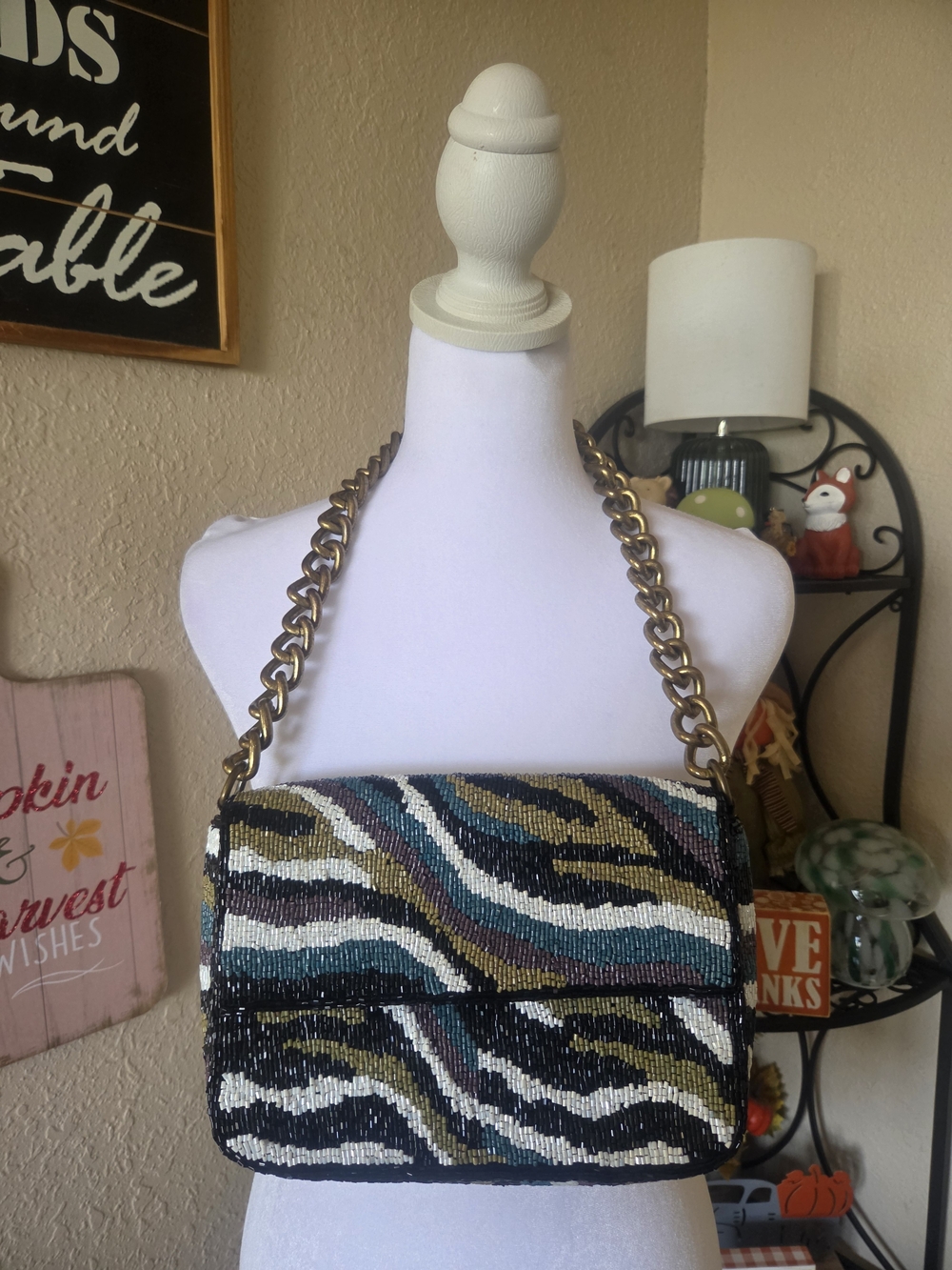 Beaded Zebra-Print Shoulder Bag with Chain Strap